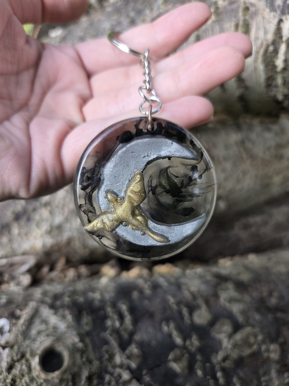 Handmade Moon & Dragon Resin Keychain in Silver and Gold